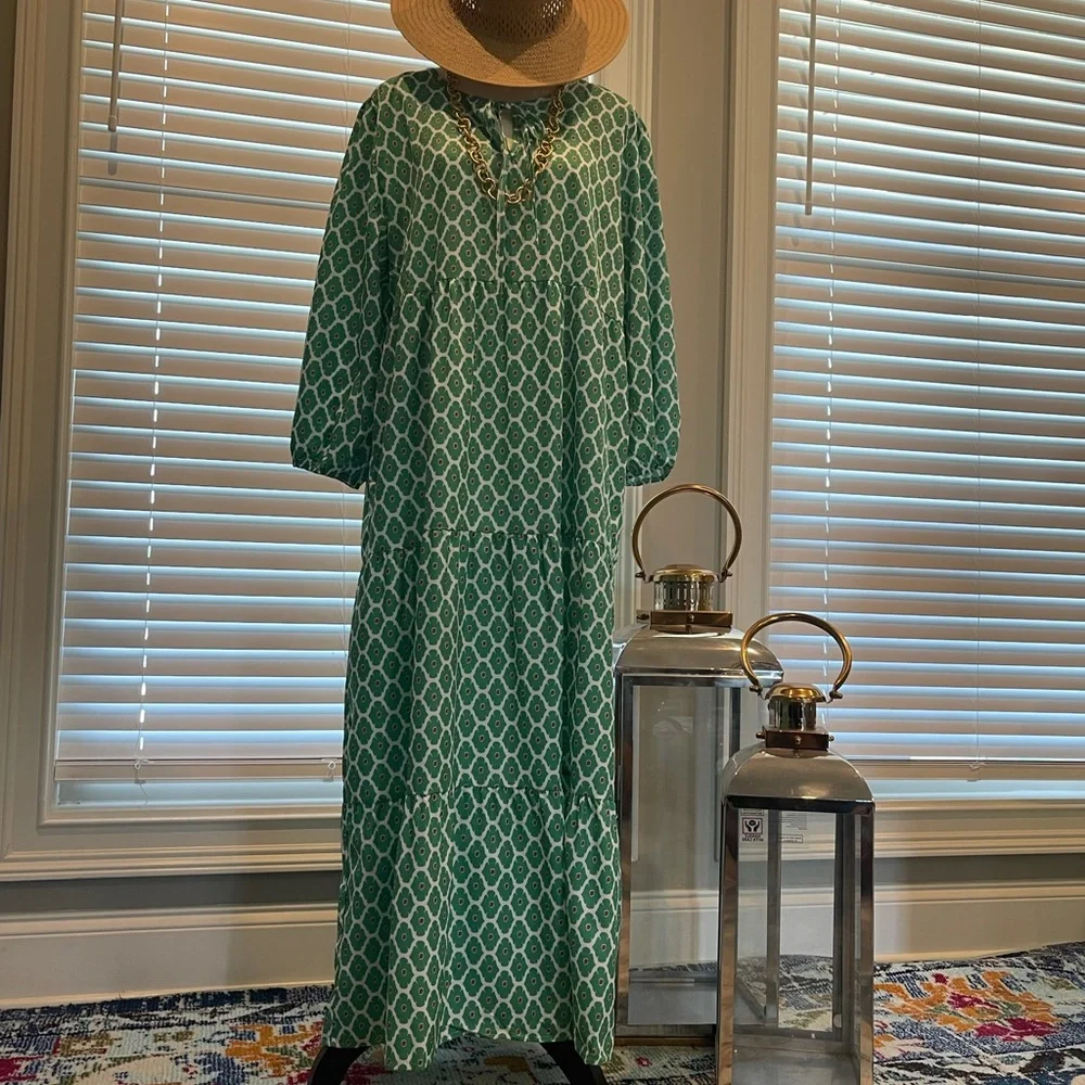 Green Lantern Sleeve Printing Long boho Dress - Picture 2 of 11